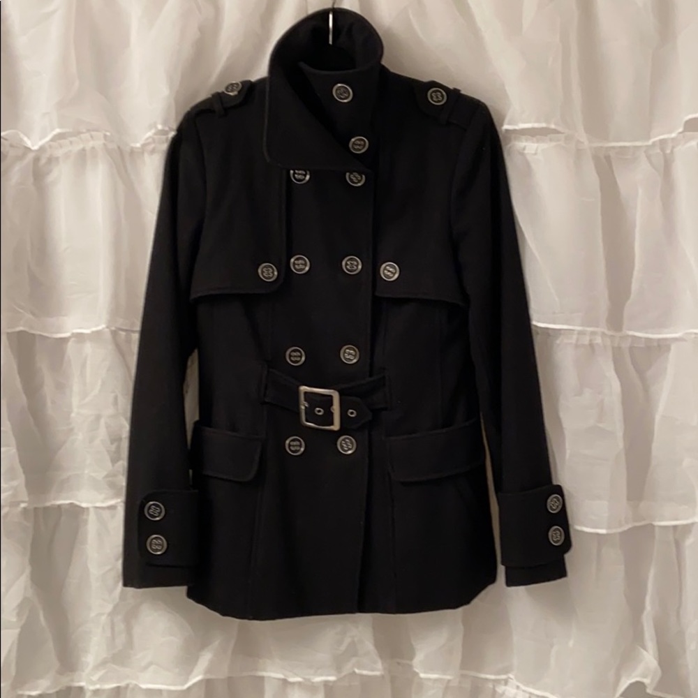 Double breasted black peacoat
